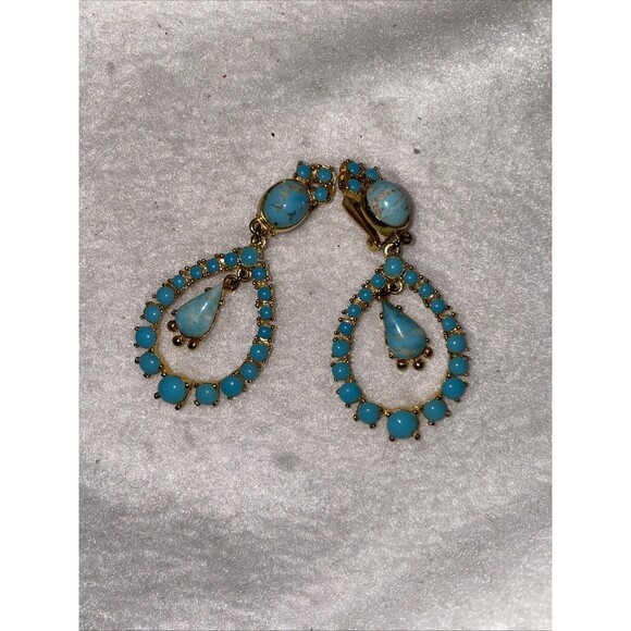 Vintage Beautiful Fashion Vintage Large Turquoise Dangle Clip Earrings Circle - Picture 1 of 5